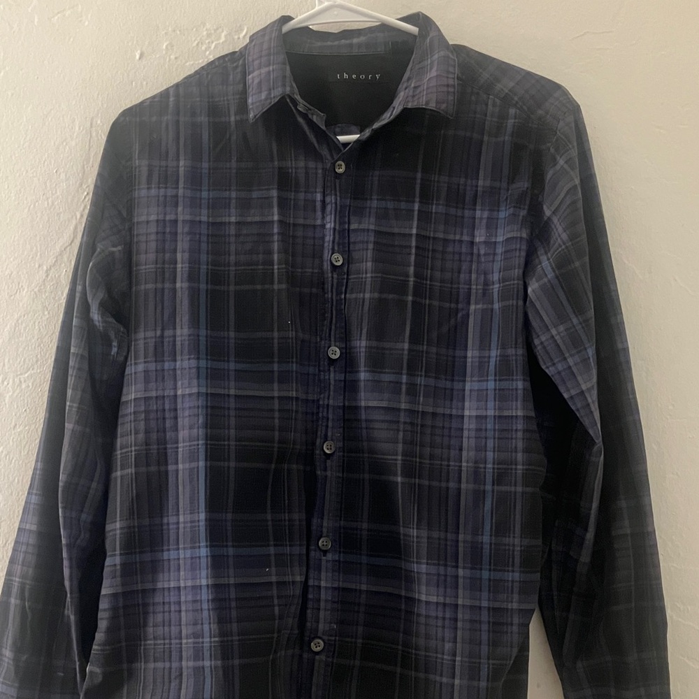 Theory Men's Navy Plaid Button Down Shirt